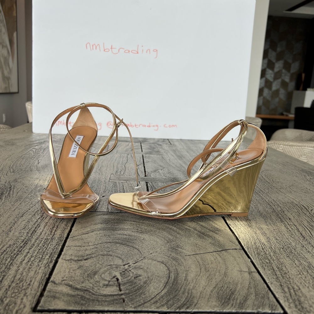 Aquazzura glossy gold metallic leather size 8M(38) strappy wedge heel sandals - Picture 11 of 16